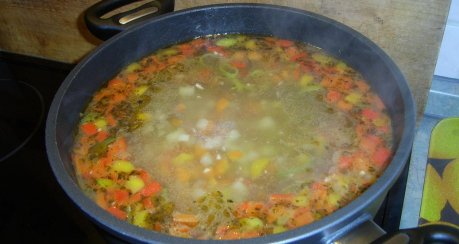 Fadennudelsuppe mit Paprika und Lauchzwiebel