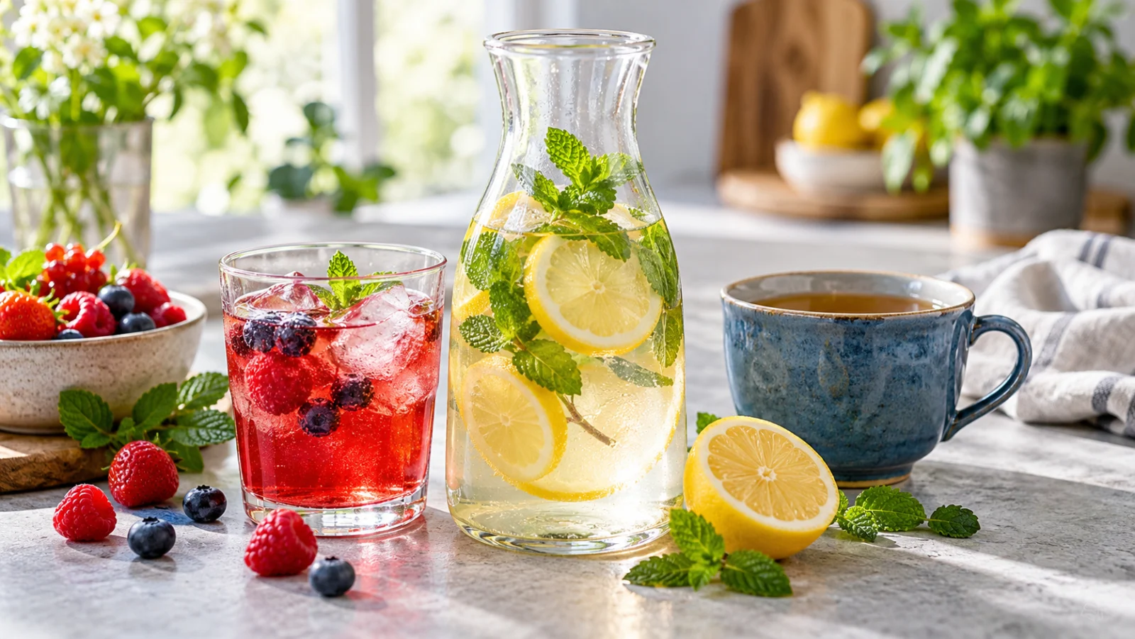 Zitronen-Minz-Wasser, rotes Beerengetränk und eine Tasse Tee auf einem hellen Tisch