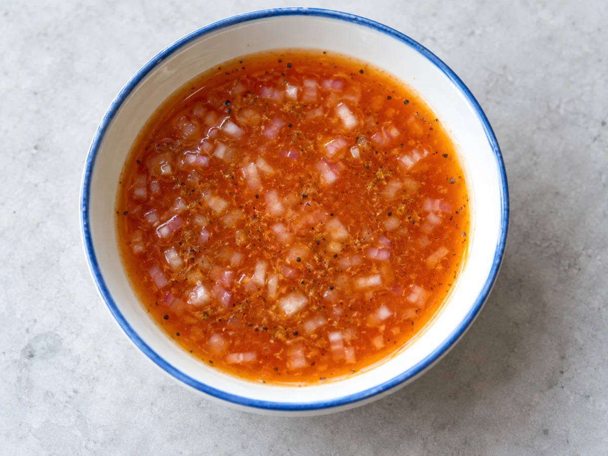 KI-generiertes Servierbeispiel: Fruchtiges orangefarbenes Honig-Dressing mit fein gehackter Schalotte