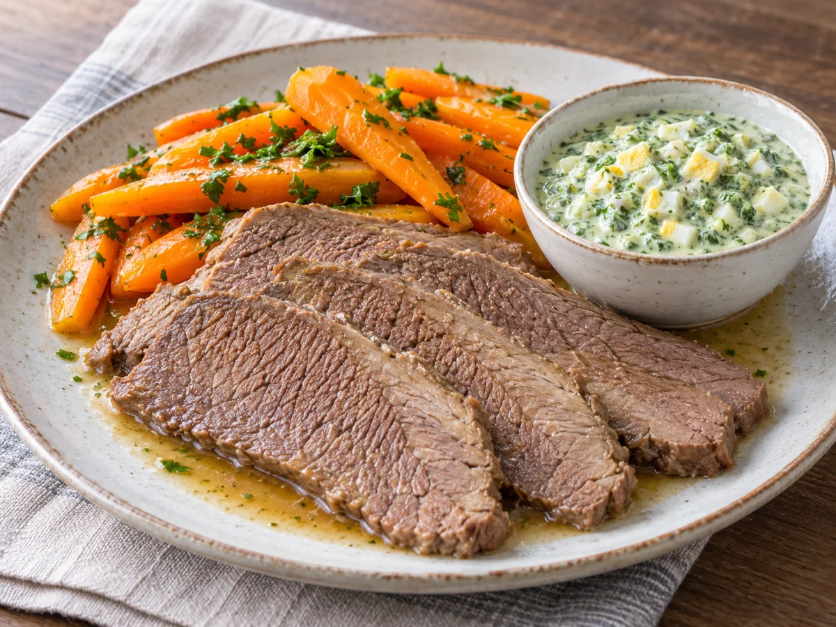KI-generiertes Servierbeispiel: KI-Illustration: Gekochte Rinderbrust mit grüner Sauce nach Alfons Schuhbeck