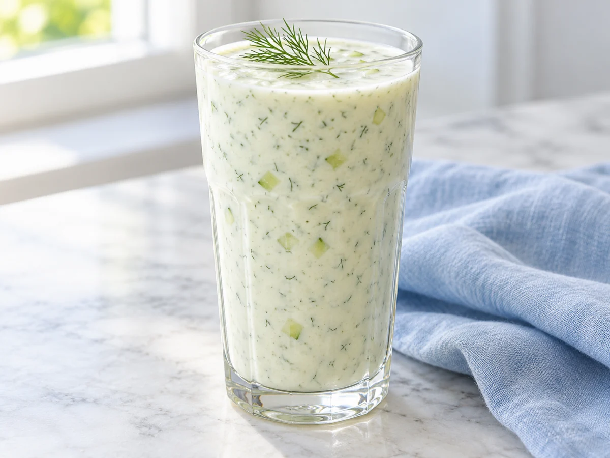 KI-generiertes Servierbeispiel: Herzhafter heller Gurken-Sahne-Shake mit kleinen Gurkenwürfeln und einem Dillzweig.