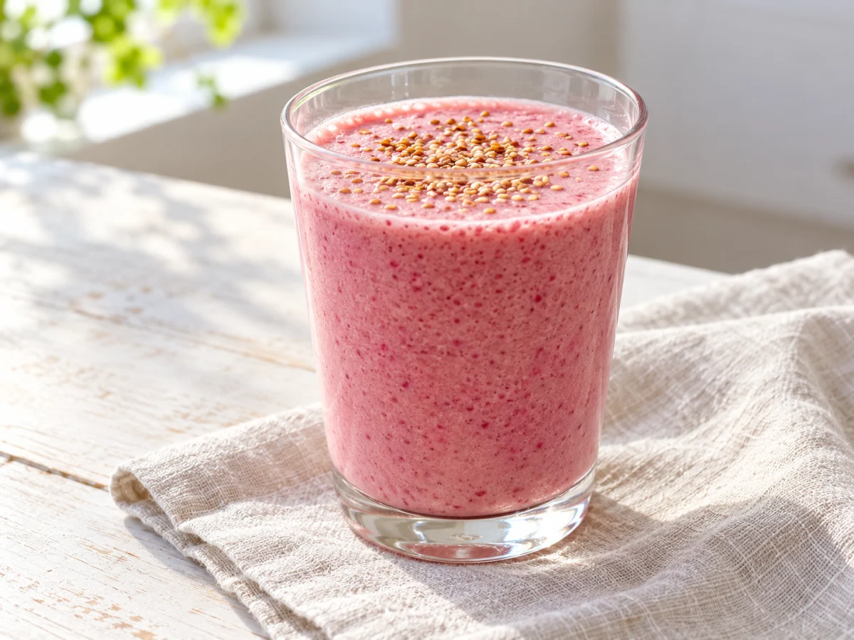 KI-generiertes Servierbeispiel: Rosa Himbeer-Buttermilch-Shake mit einer kleinen Streuung gerösteter Sesamsamen.