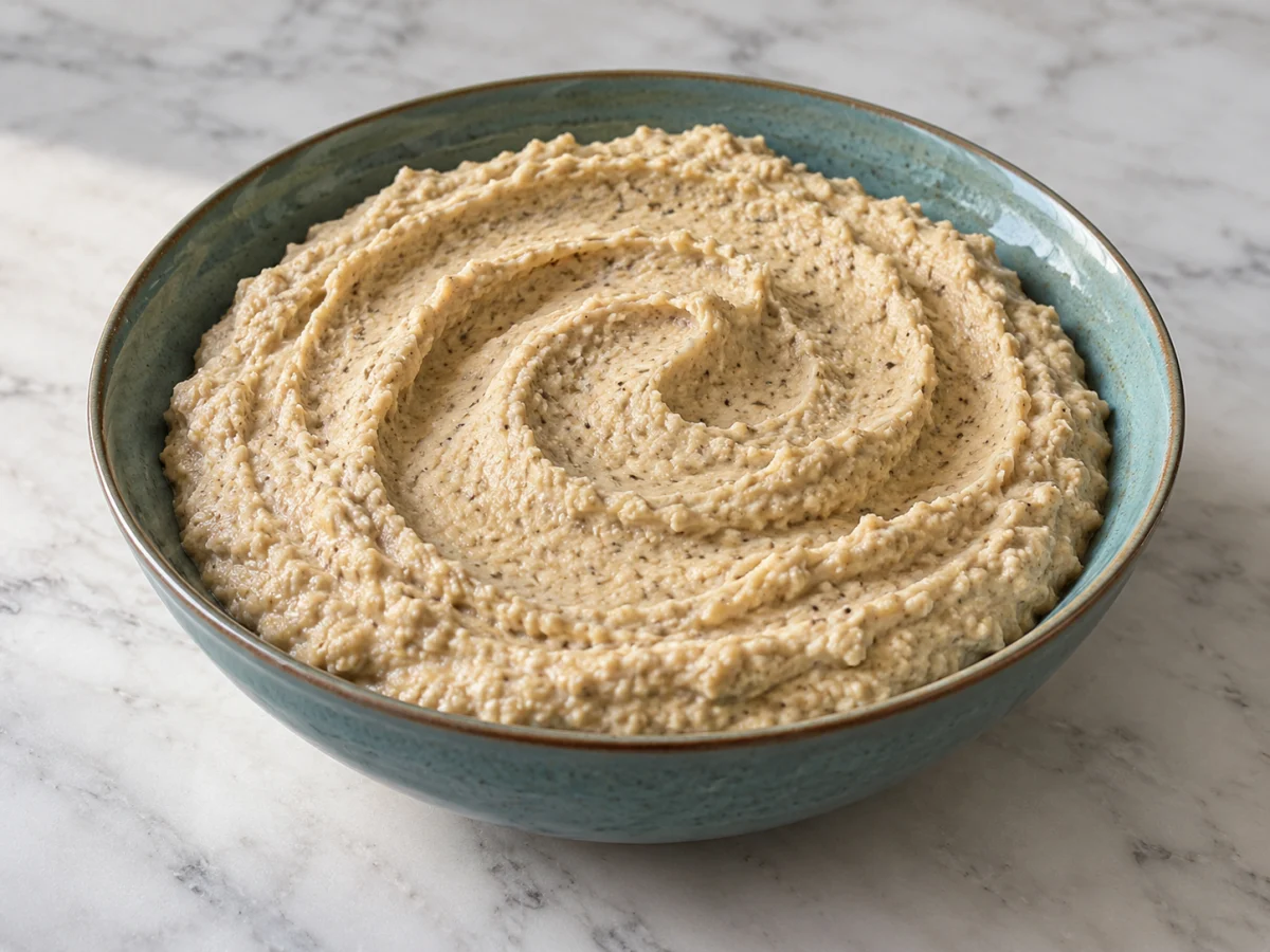 KI-generiertes Servierbeispiel: Heller cremig pürierter Kichererbsenaufstrich mit Aubergine, Sesam und Cashew in einer flachen Schale.