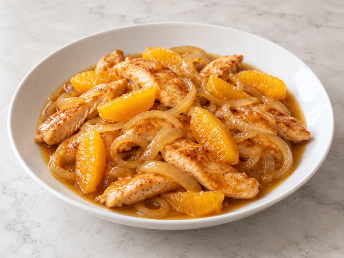 KI-generiertes Servierbeispiel: Gegarte Hähnchenbruststreifen mit weichen Zwiebelringen und Orangenstücken in einer glänzenden Sauce.