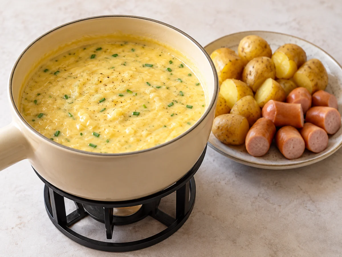 KI-generiertes Servierbeispiel: Servierbeispiel: Käse-und-Zwiebel-Fondue
