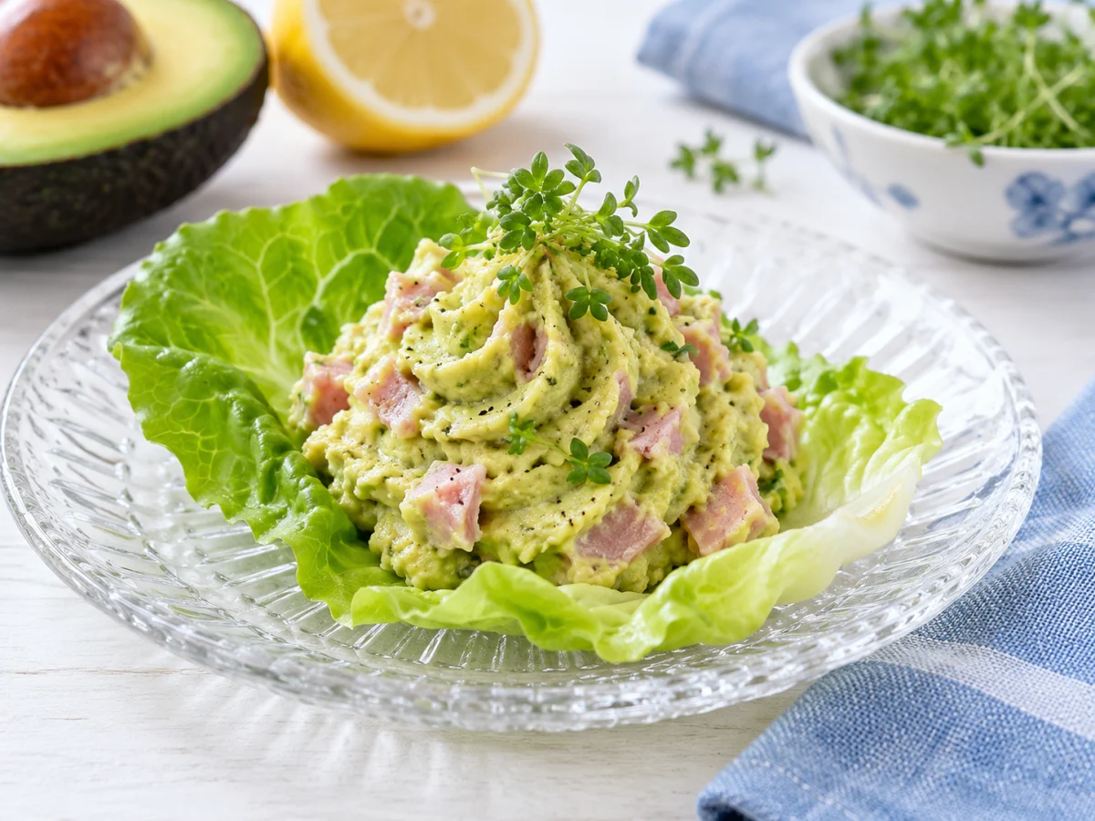 KI-generiertes Servierbeispiel: Avocado-Schinken-Aufstrich auf einem Salatblatt mit Kresse