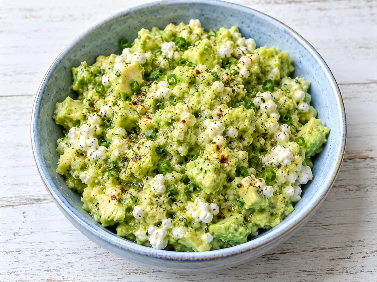 KI-generiertes Servierbeispiel: Avocadoaufstrich mit sichtbaren Hüttenkäse-Körnchen und Schnittlauch