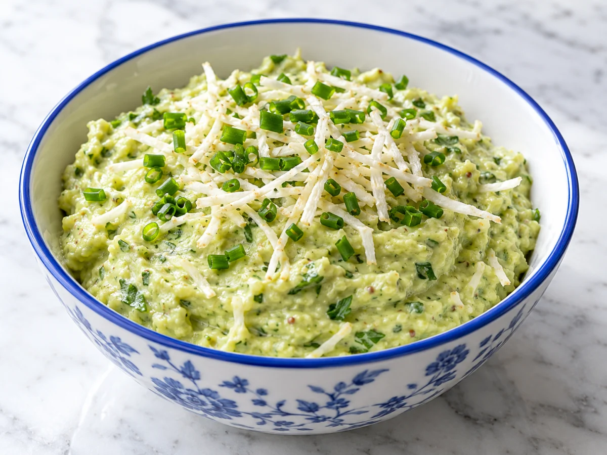 KI-generiertes Servierbeispiel: Avocadocreme mit Kräutern, fein geriebenem Sellerie und Schnittlauch