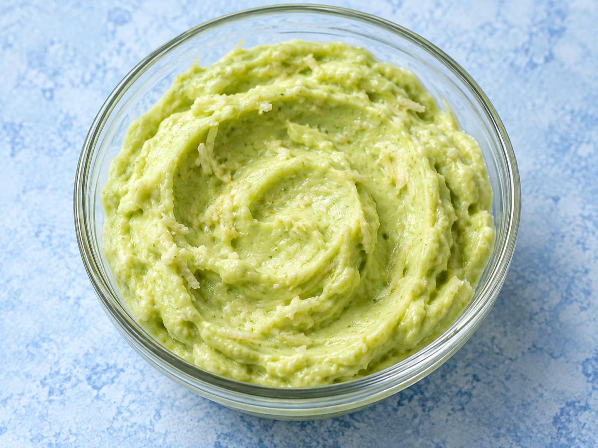 KI-generiertes Servierbeispiel: Hellgrüne Avocadocreme mit fein geriebenem Apfel und Meerrettich