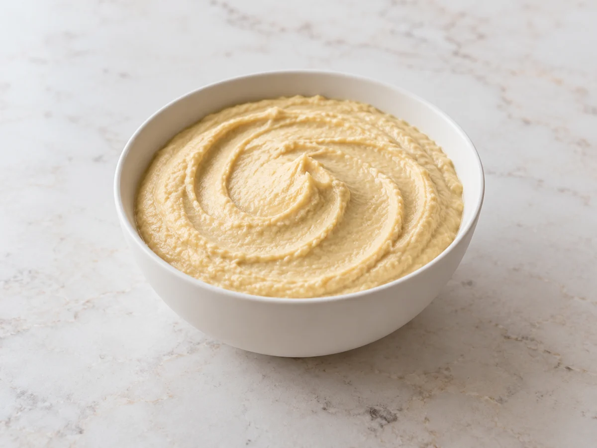 KI-generiertes Servierbeispiel: Glatt pürierte Kichererbsen mit Tahini als helle kalte Sesamsauce in einer Schale.
