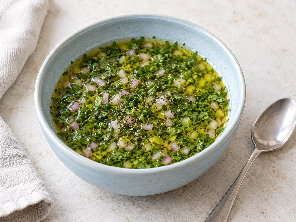 KI-generiertes Servierbeispiel: Kräuter-Vinaigrette mit fein gehackten grünen Kräutern und Schalotten in Öl und Essig.