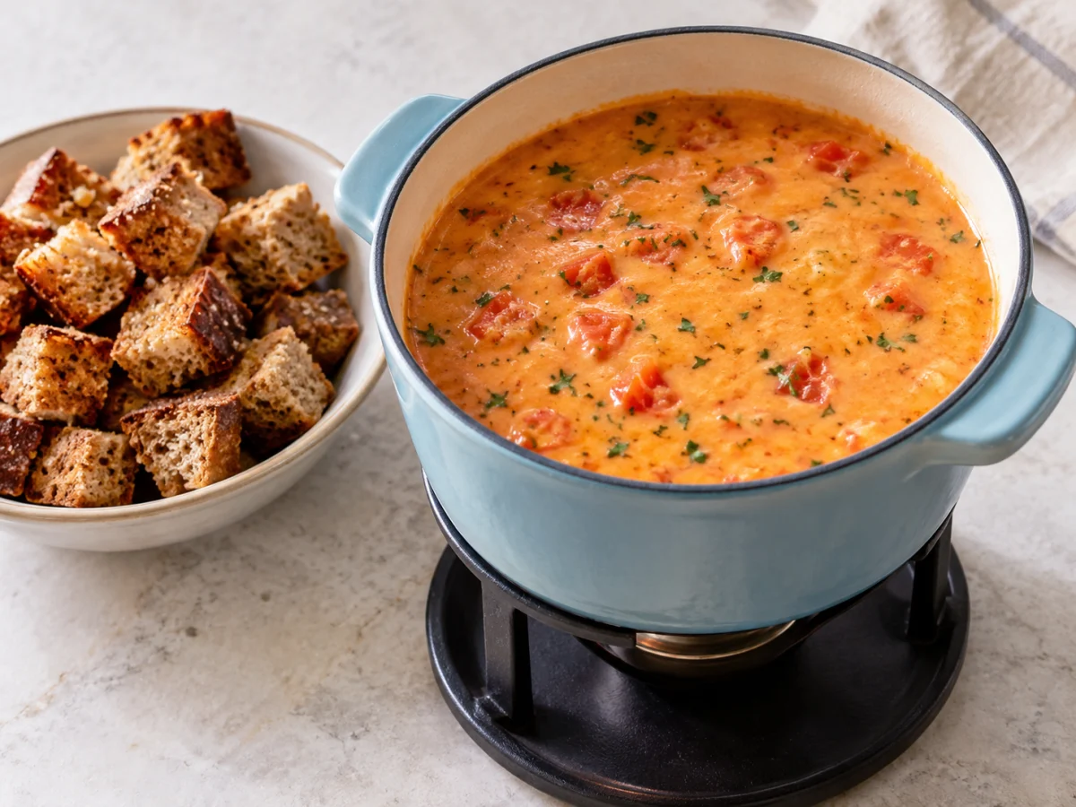 KI-generiertes Servierbeispiel: Servierbeispiel: Käse-Tomaten-Fondue