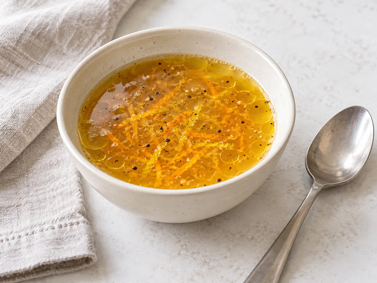 KI-generiertes Servierbeispiel: Goldene Madeira-Marinade mit Orangen- und Zitronenschale sowie feinen Pfefferflecken.