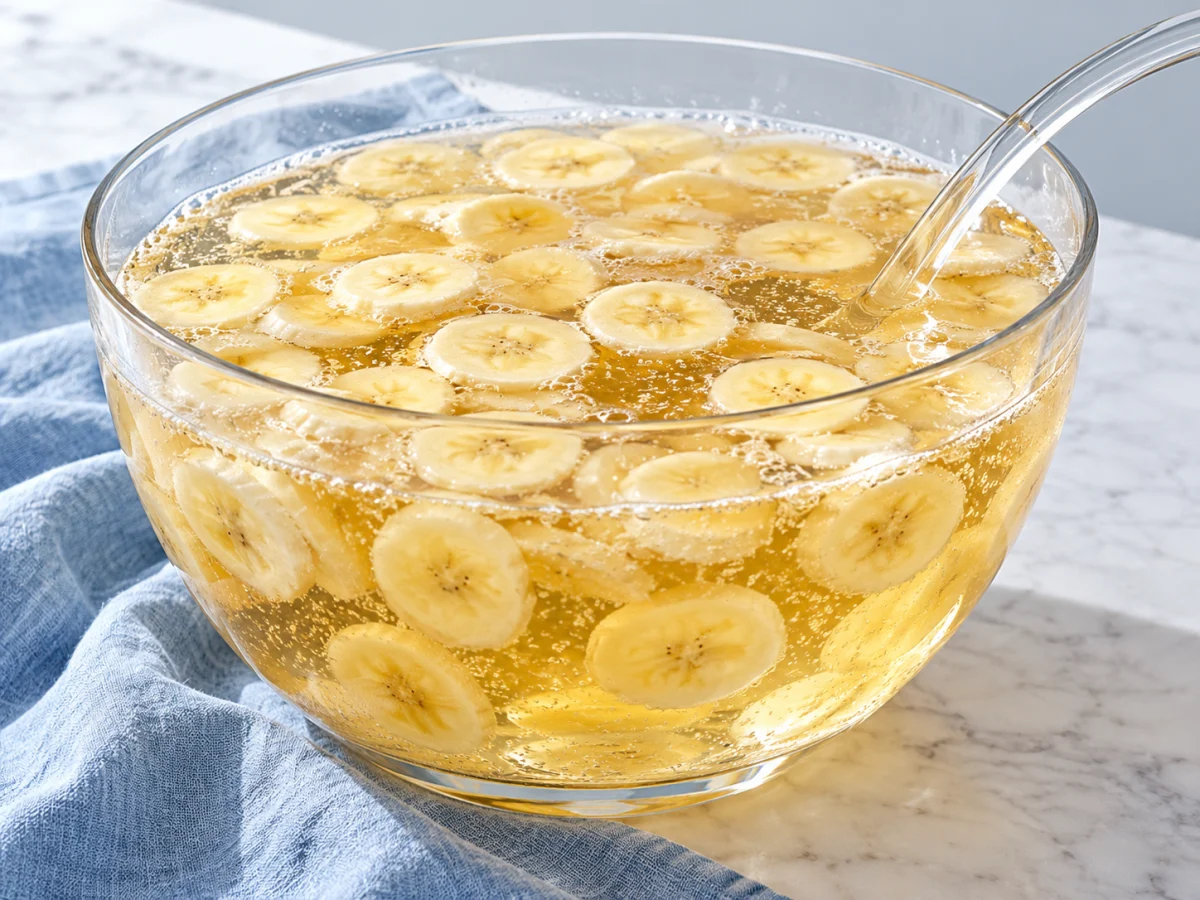 KI-generiertes Servierbeispiel: Prickelnde Bananenbowle mit dünnen Bananenscheiben in einer Glasschüssel
