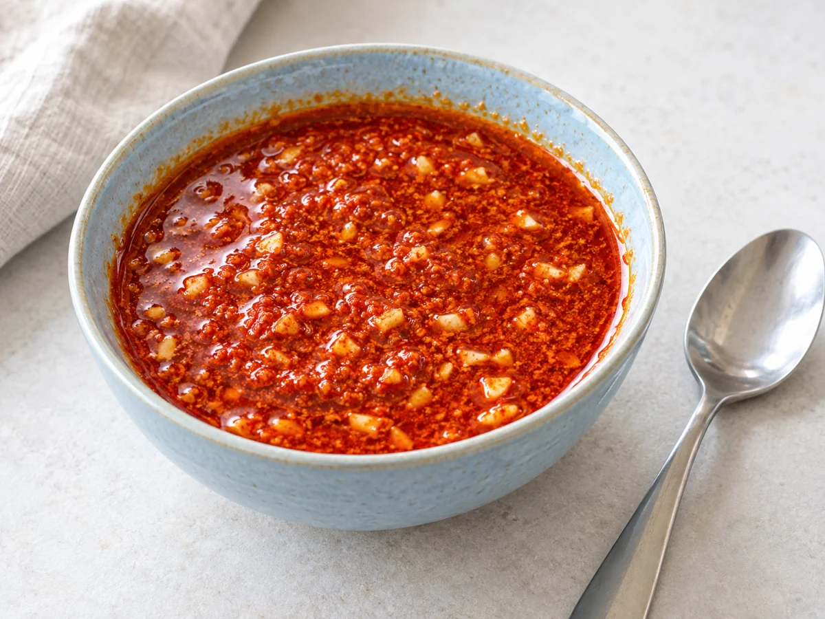 KI-generiertes Servierbeispiel: Rote Paprika-Beize aus Rosenpaprika, Zitronensaft, gehacktem Knoblauch und Öl.