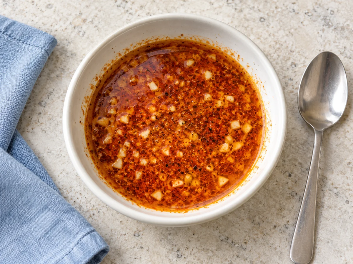 KI-generiertes Servierbeispiel: Paprika-Marinade mit Zitronensaft, Knoblauchwürfeln, Öl und schwarzem Pfeffer.