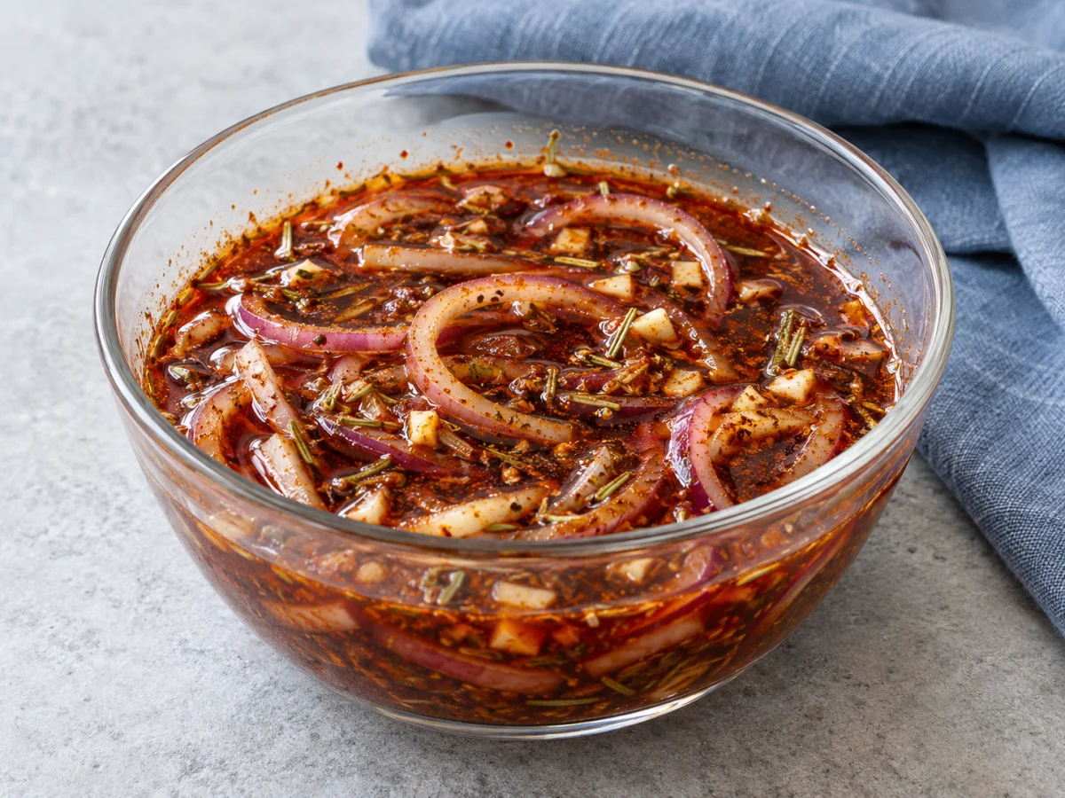 KI-generiertes Servierbeispiel: Paprika-Rotwein-Marinade mit Zwiebelringen und Rosmarin in einer Glasschale