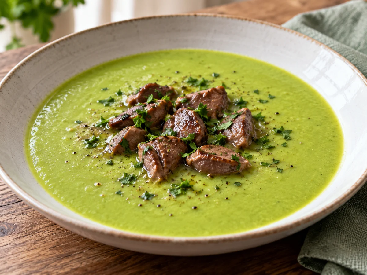 KI-generiertes Servierbeispiel: KI-Illustration: Berliner Erbsensuppe nach Alfons Schuhbeck