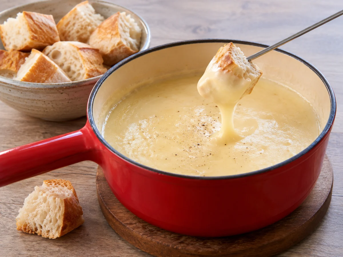 KI-generiertes Servierbeispiel: Servierbeispiel: Adventliches Käsefondue