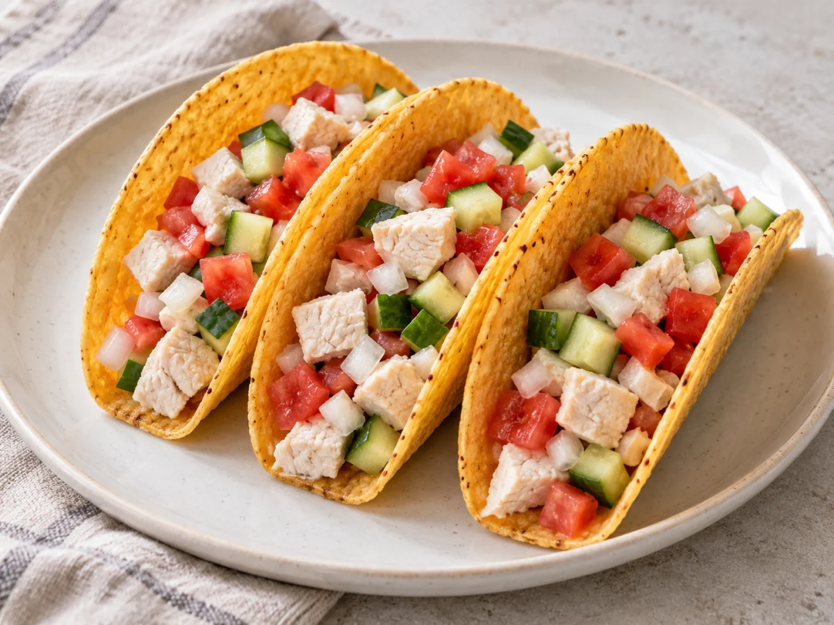 KI-generiertes Servierbeispiel: Knusprige Maistacos mit gewürfeltem gegartem Hähnchen, Tomaten, Gurke und Zwiebel.