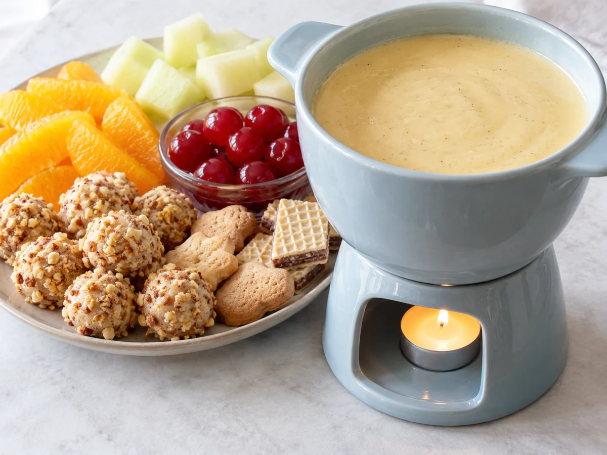 KI-generiertes Servierbeispiel: Servierbeispiel: Weißes Schokoladenfondue