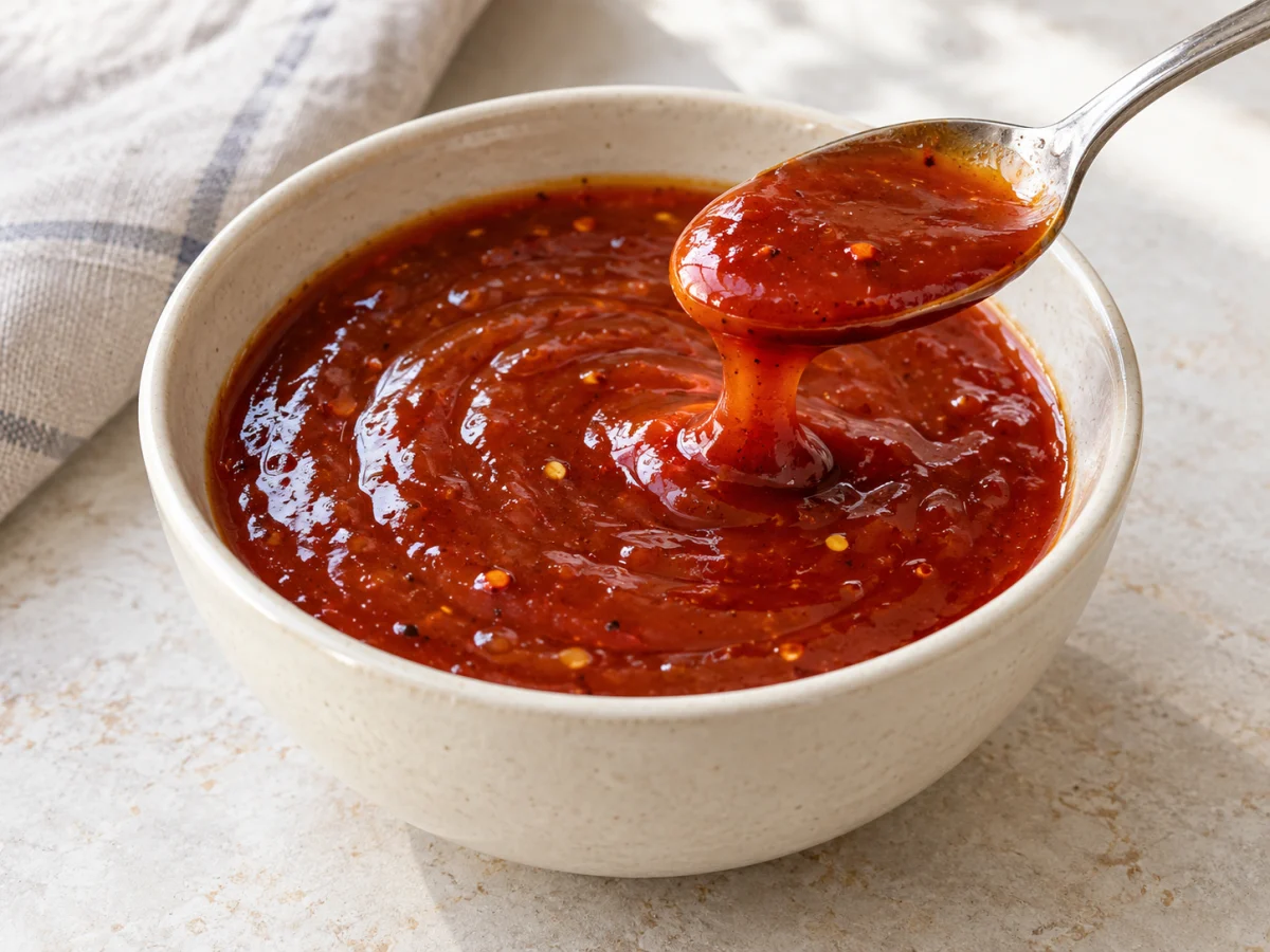 KI-generiertes Servierbeispiel: Glänzende Honig-Ketchup-Marinade mit etwas Chili und Pfeffer in einer kleinen Schale.
