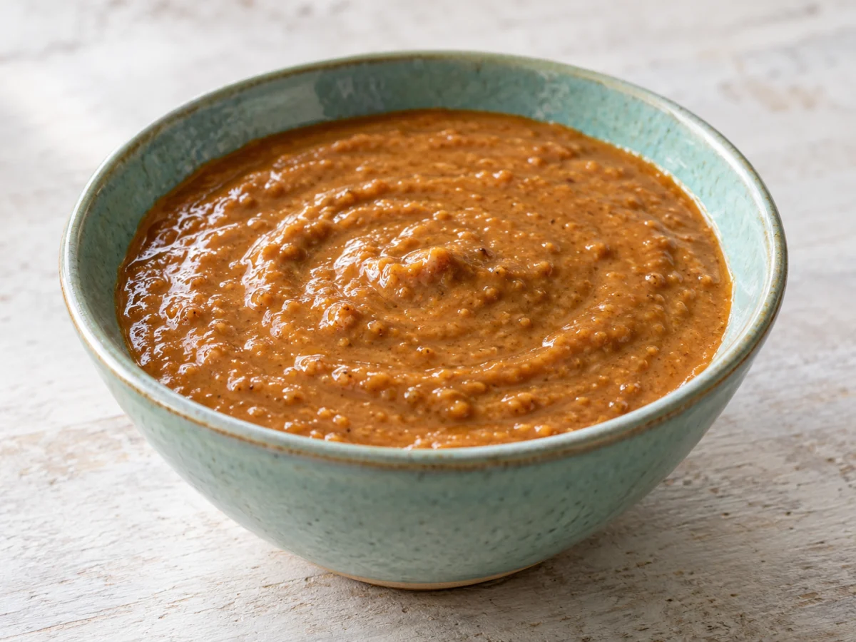 KI-generiertes Servierbeispiel: Servierbeispiel: Indonesische Reistafel - Erdnußsauce