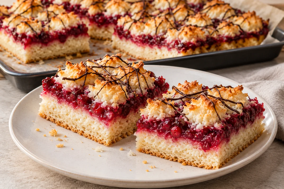 KI-generiertes Servierbeispiel: KI-Illustration: Thueringer Rupfkuchen mit Johannisbeerfuellung, Kokoshaufchen und duennen Schokoladenfaeden