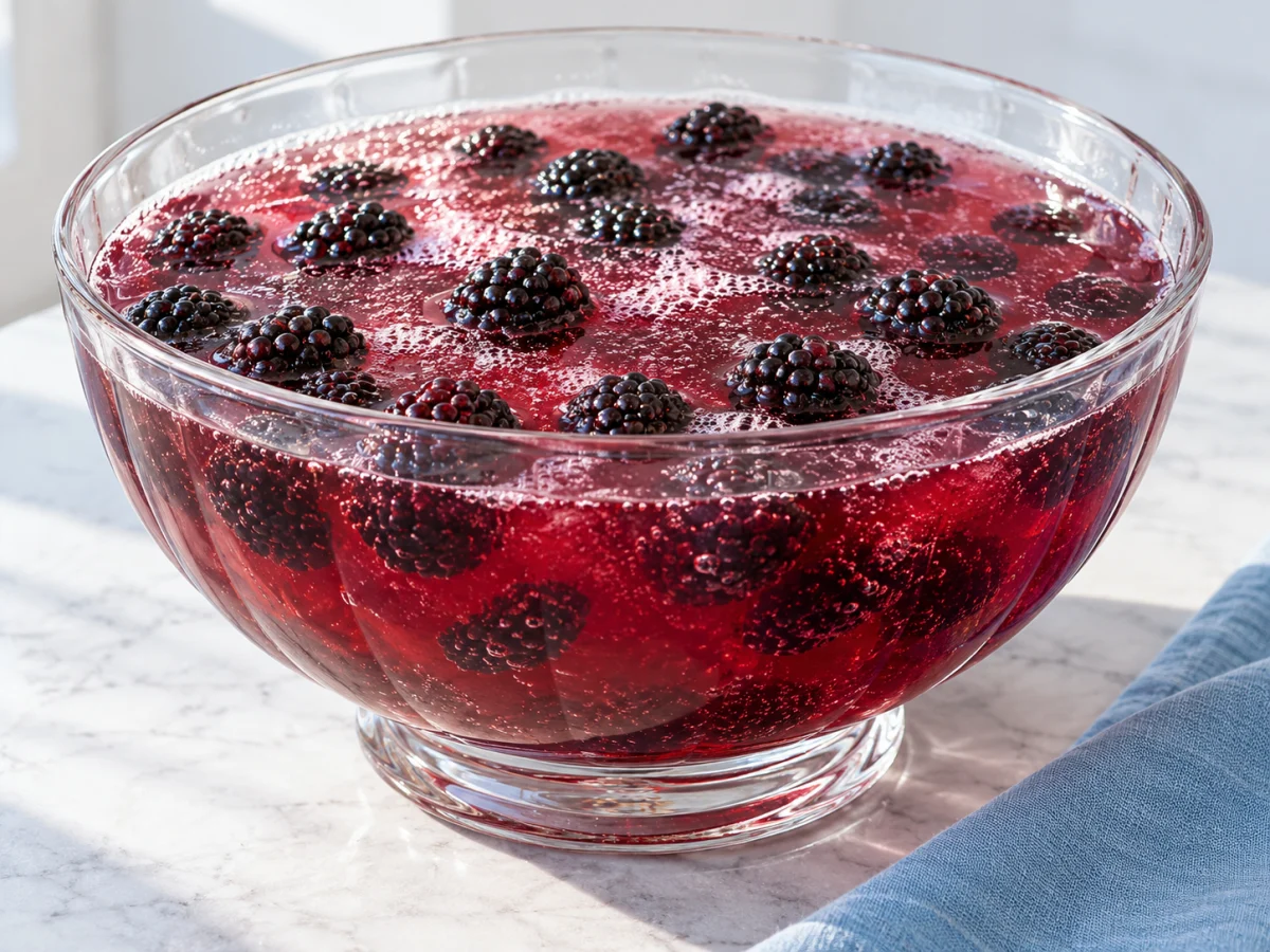 KI-generiertes Servierbeispiel: Brombeerbowle mit ganzen Brombeeren in rubin-violetter Flüssigkeit