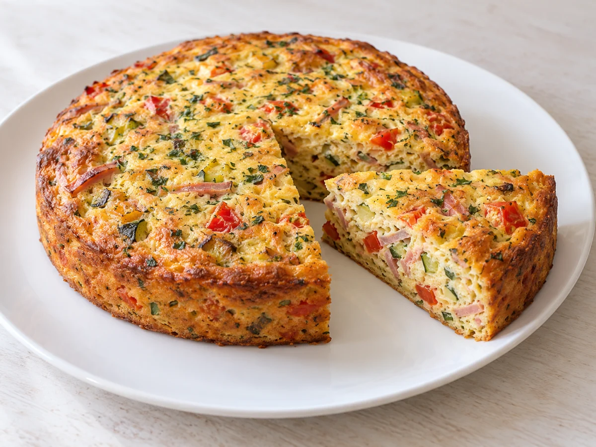 KI-generiertes Servierbeispiel: Herzhafter runder Gemüse-Quark-Eierkuchen mit Tomaten, Kräutern und Schinken; ein Stück zeigt das Innere.