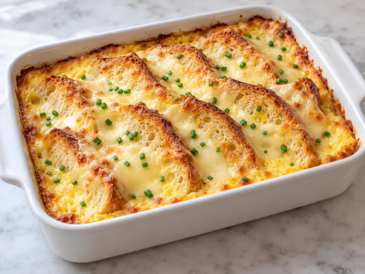 KI-generiertes Servierbeispiel: Überbackene dachziegelartig geschichtete Toastscheiben mit Käse und gestockter Eiermilch in einer Auflaufform.