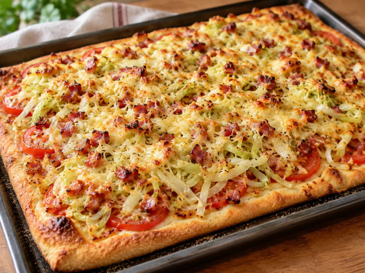 KI-generiertes Servierbeispiel: KI-Illustration: Spitzkohl- Speck- Pizza von Tim Melzer