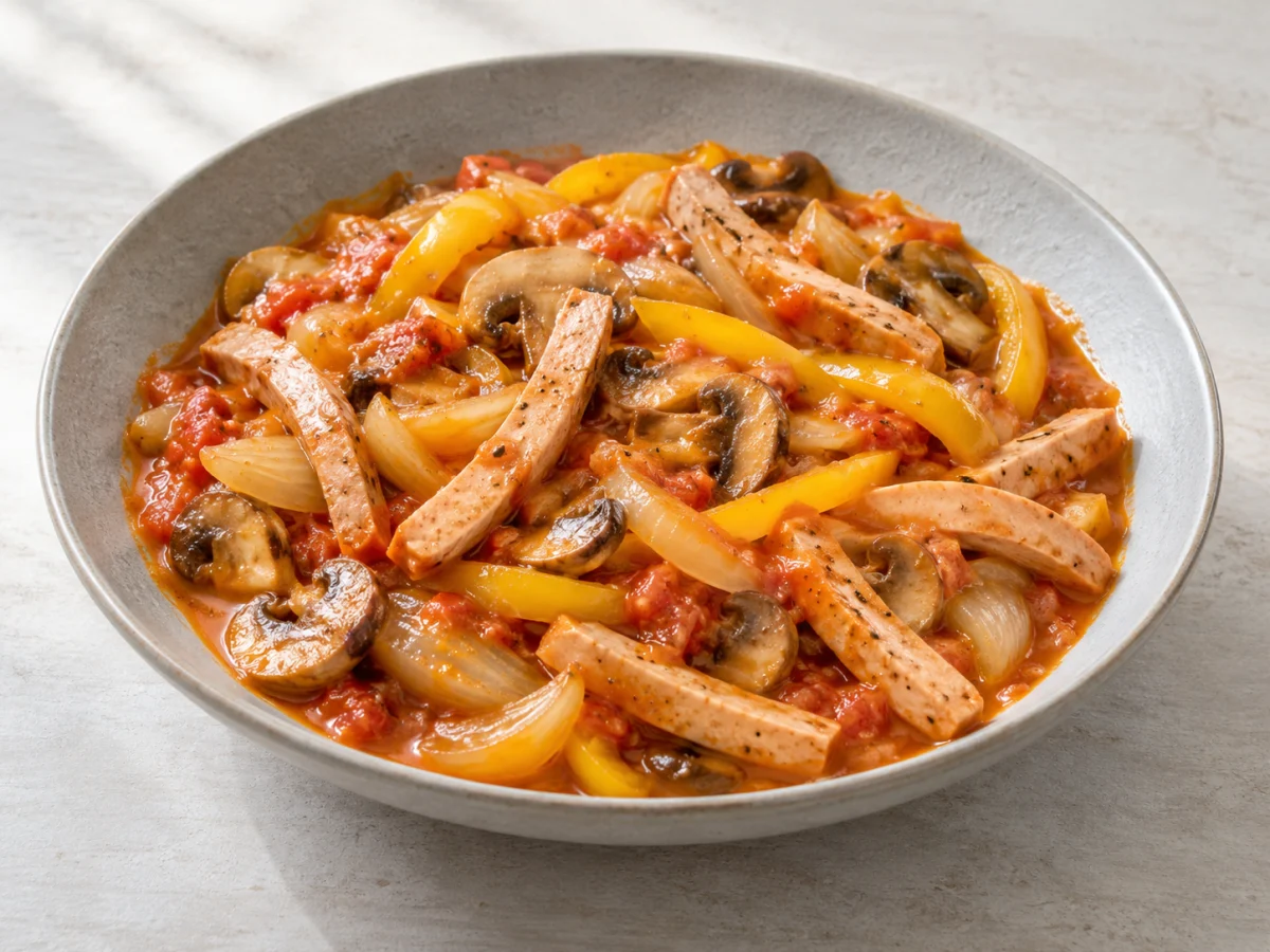 KI-generiertes Servierbeispiel: Geschmorte Gelbwurststreifen mit braunen Champignons, gelber Paprika und Zwiebeln in reduzierter Sauce.