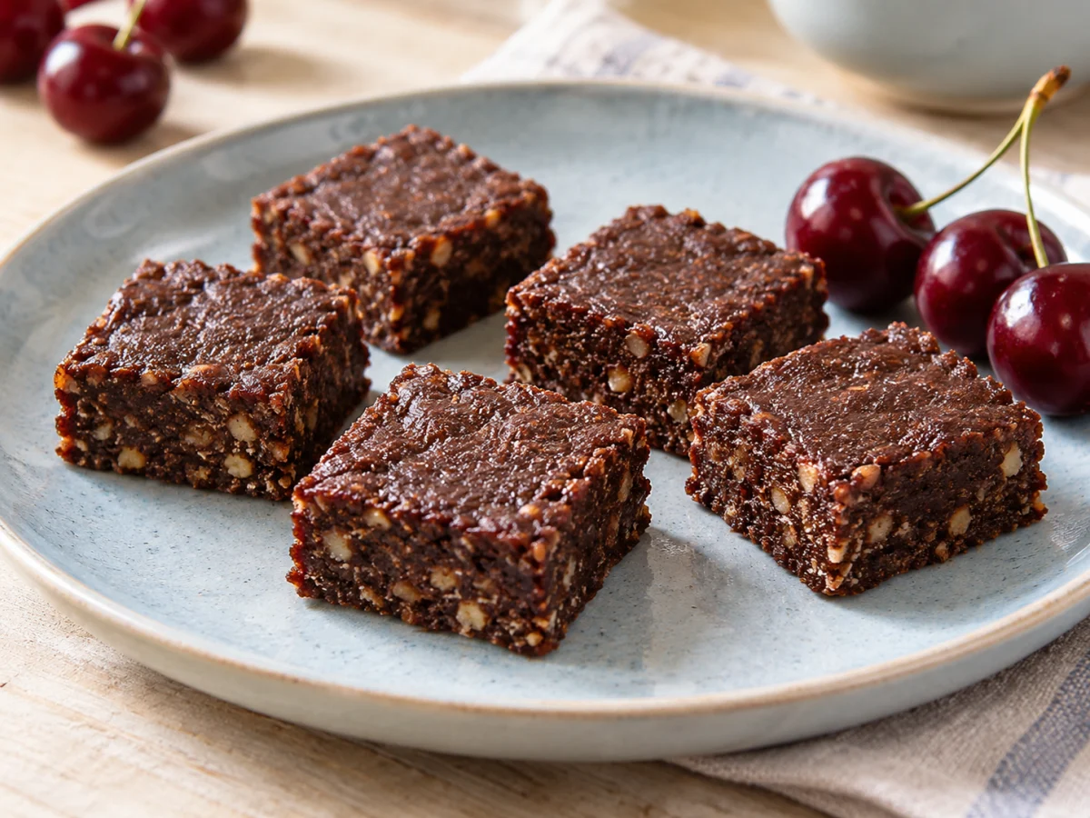 KI-generiertes Servierbeispiel: Dichte Dattel-Walnuss-Browniewürfel mit Kakao auf einem hellblauen Teller, daneben frische Kirschen