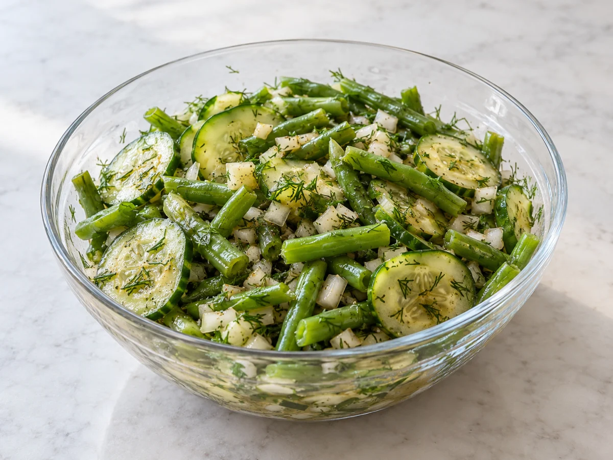 KI-generiertes Servierbeispiel: Kalter Salat mit gegarten grünen Bohnen, gehobelter Gurke, Zwiebel und Dill in einer leichten Marinade.
