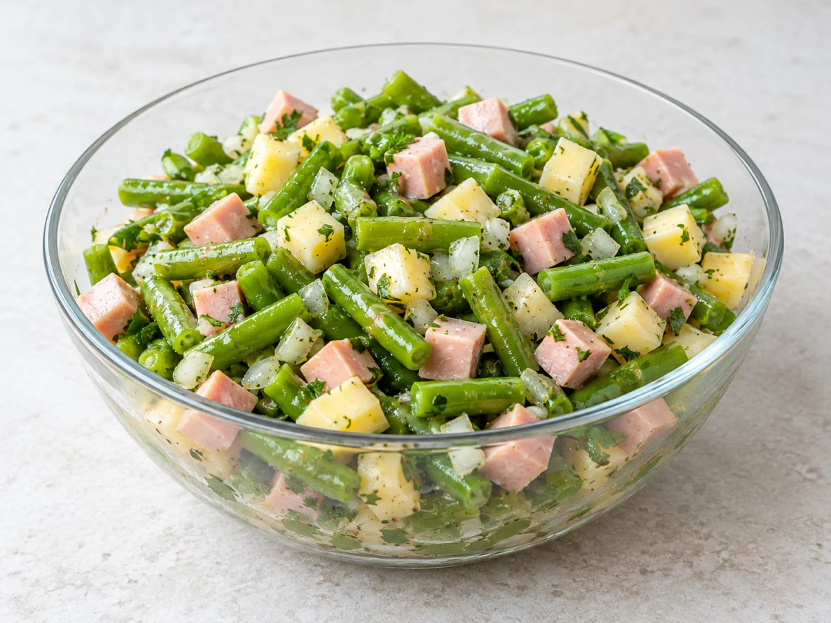 KI-generiertes Servierbeispiel: Kalter Wurstsalat mit grünen Bohnen, Fleischwurst- und Käsewürfeln sowie gehackter Petersilie.