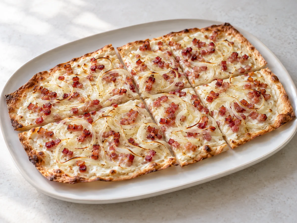 KI-generiertes Servierbeispiel: Dünner knuspriger Flammkuchen mit Crème fraîche, Speckstücken und feinen Zwiebelringen.