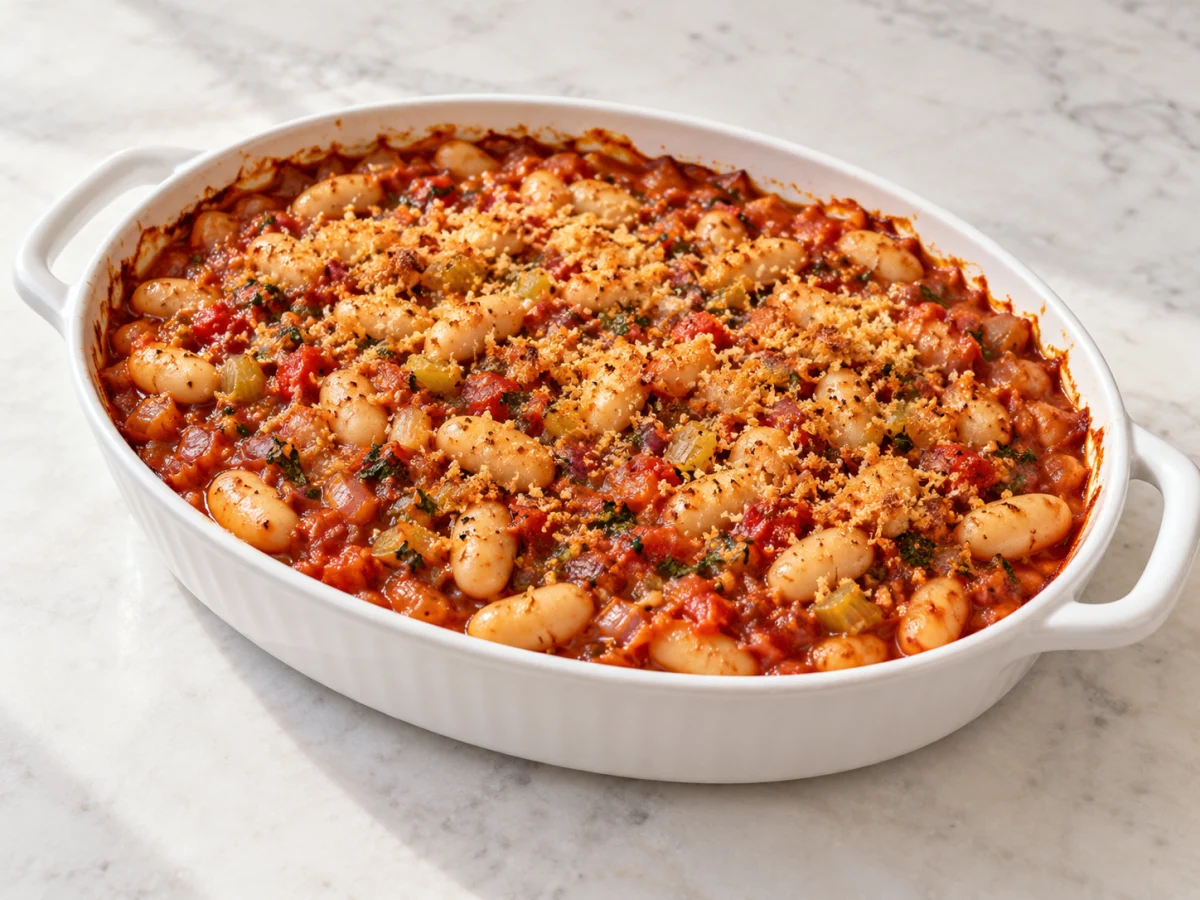 KI-generiertes Servierbeispiel: Weiche weiße Riesenbohnen in Tomatensauce mit einer leicht goldbraunen Semmelbröselauflage.
