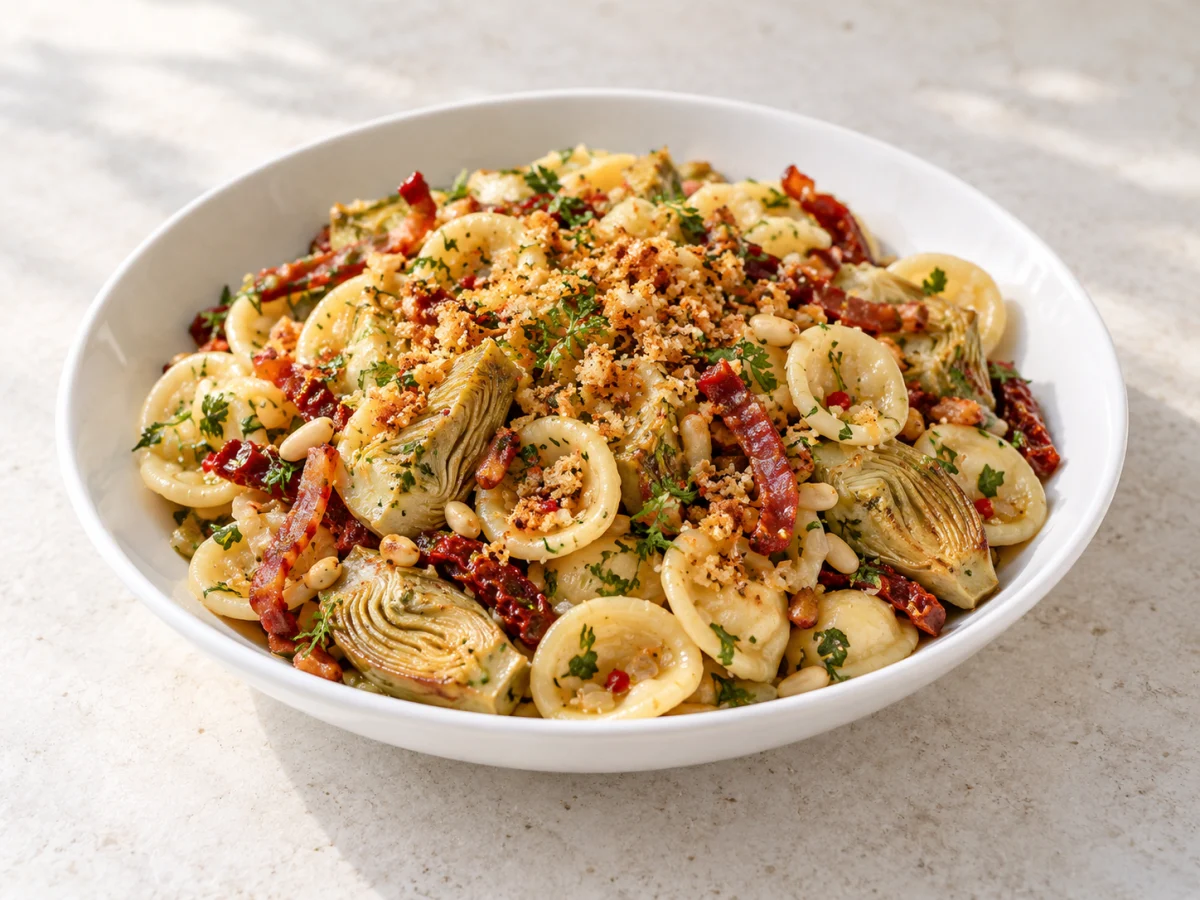 KI-generiertes Servierbeispiel: Orecchiette mit gebratenen Artischockenspalten, Speck, getrockneten Tomaten und goldenen Knoblauchbröseln.