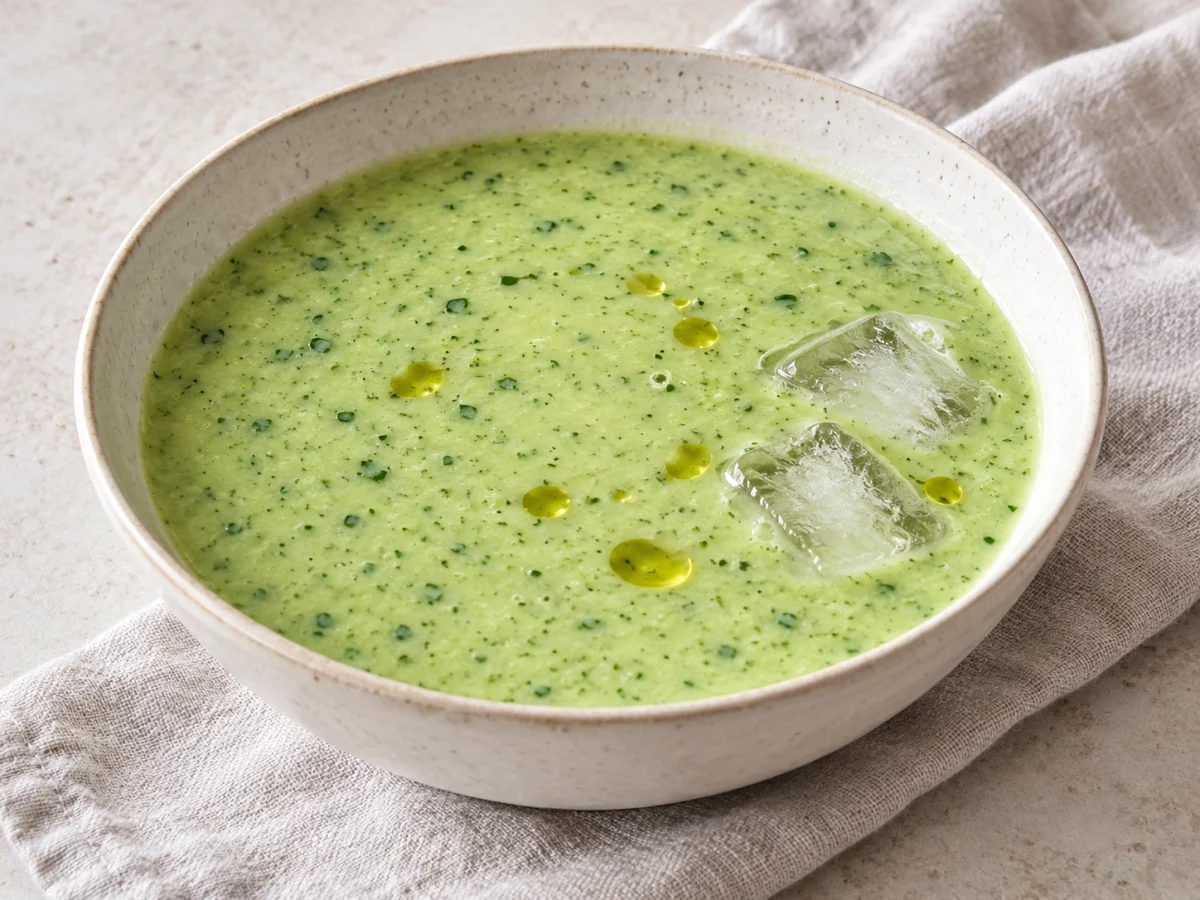 KI-generiertes Servierbeispiel: Fein gemixte grüne Gurken-Gazpacho mit Joghurt, Kräuterflecken, etwas Öl und Eiswürfeln.