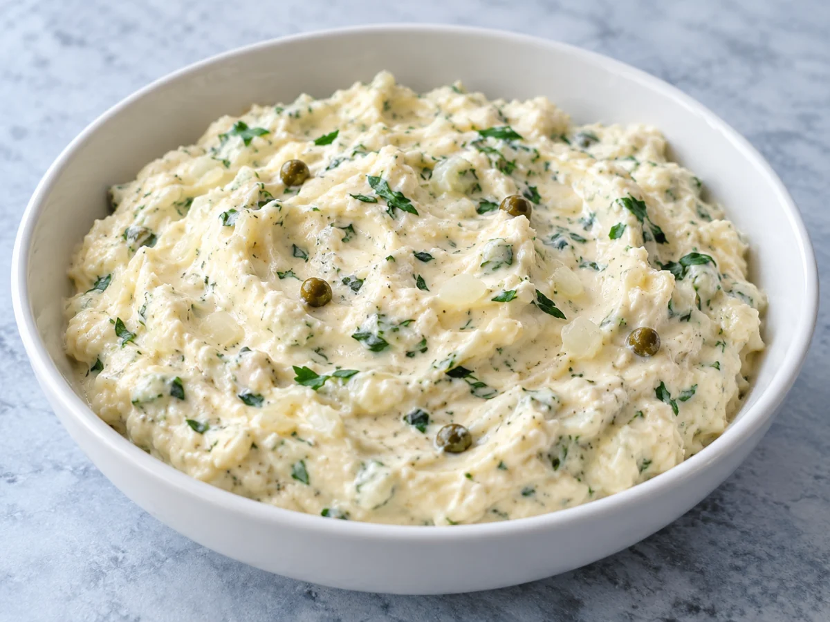 KI-generiertes Servierbeispiel: Camembertcreme mit Kräutern, Zwiebel und grünem Pfeffer
