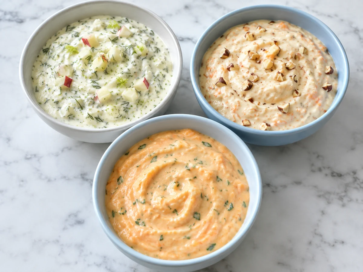 KI-generiertes Servierbeispiel: Drei cremige Dressings mit Meerrettich und Dill, Orange und Ingwer sowie Papaya