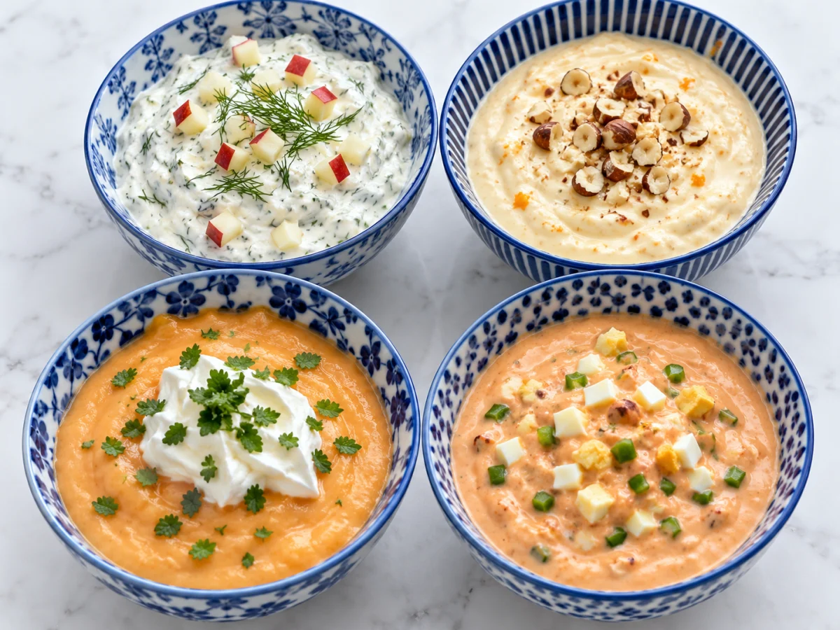 KI-generiertes Servierbeispiel: Vier Dressings mit Meerrettich, Orange und Ingwer, Papaya sowie Chili und Ei