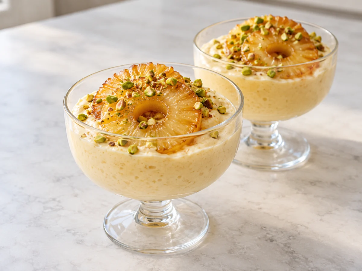 KI-generiertes Servierbeispiel: Gekühlte Ananas-Rum-Creme im Glas mit gegarten Ananasringen und gehackten Pistazien.