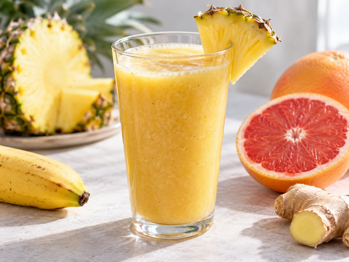 KI-generiertes Servierbeispiel: Servierbeispiel: Ananas-Shake Tropic Drop