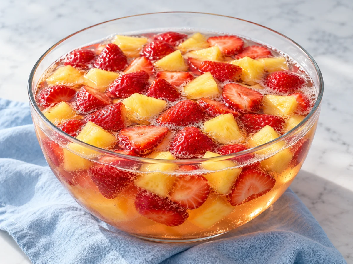 KI-generiertes Servierbeispiel: Erdbeer-Ananas-Bowle mit frischen Erdbeeren und Ananasstücken