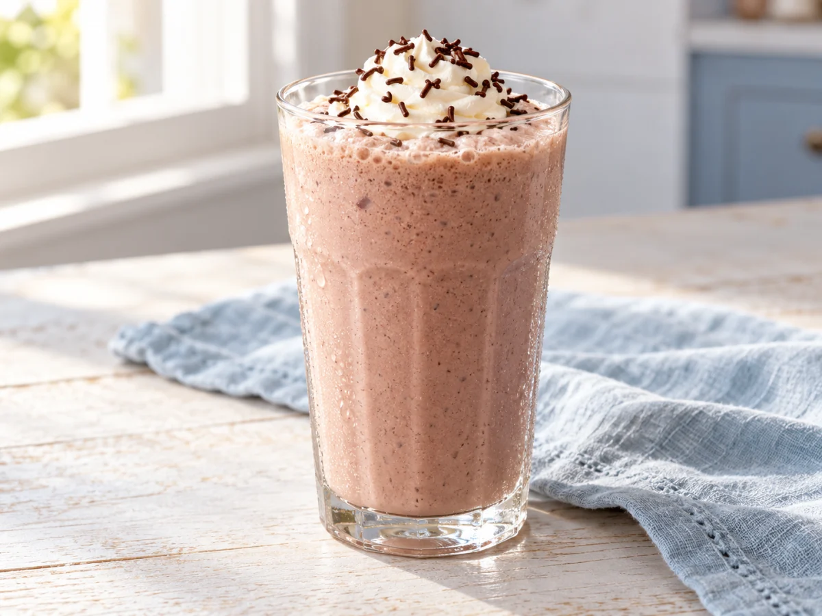 KI-generiertes Servierbeispiel: Erdbeer-Schoko-Milchshake mit einer kleinen Sahnehaube und Schokoladenstreuseln.