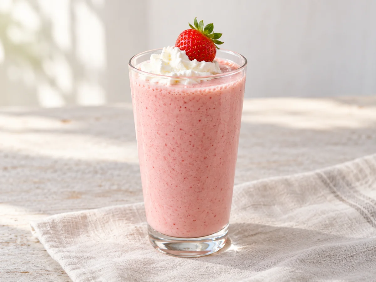 KI-generiertes Servierbeispiel: Klassischer Erdbeermilchshake mit einer kleinen Sahnehaube und einer frischen Erdbeere.